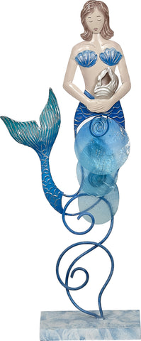 Metal & Capiz Mermaid w/ Triton Figurine on Stand 6x14"