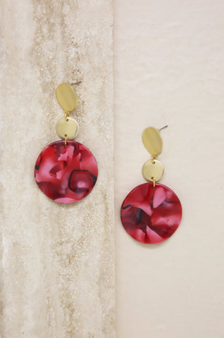 London Resin Drop Circle Earrings in Red & Gold